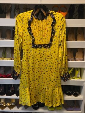 Cynthia Rowley Yellow Floral Mini Dress with Black Trim